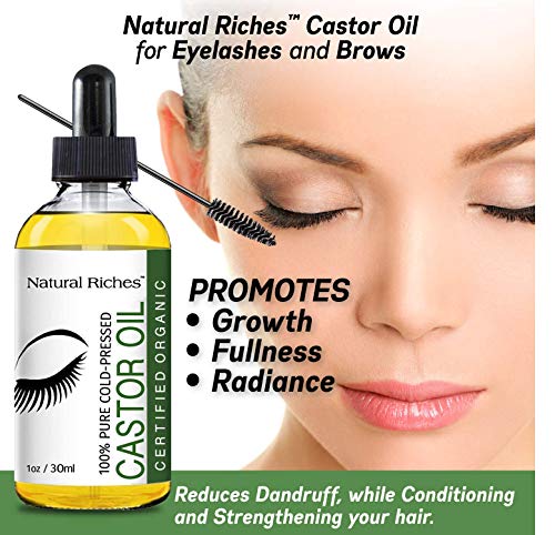 Natural Riches Organic Castor Oil Eyelash Growth Serum Pure USDA Organic certified Cold pressed Promotes Eyebrows & Eyelash Growth with 5 set of brushes- 1 fl oz.