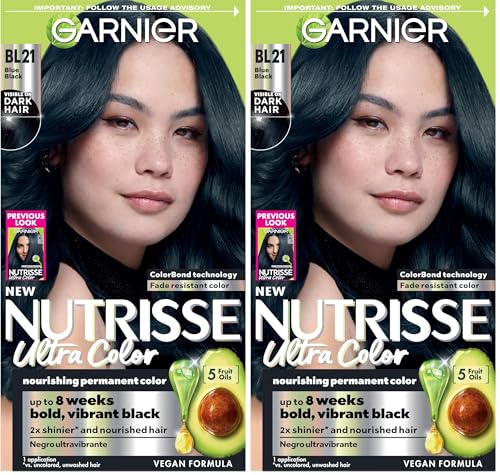 Garnier Hair Color Nutrisse Ultra Color Nourishing Creme, BL21 Reflective Blue Black (Blackberry Mojito) Permanent Hair Dye, 1 Count (Packaging May Vary) (Pack of 2)