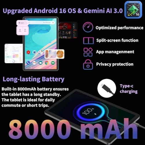 Image of 2026 Android 16 Tablet with Keyboard - 10 Inch Tablet with Gemini AI(Black) | 26GB+256GB+2TB Expand, AI Electronic Tablet PC with 8-Core, WiFi, 8000mAh, GMS, GPS, 2 in 1 Tablet with Mouse, Case, Stylus