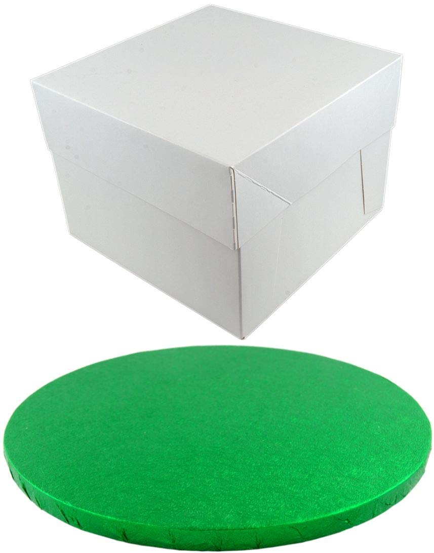 Doric ROUND COLOURED Drum cake BOARD and white transporting BOX (8 Inch, Green)
