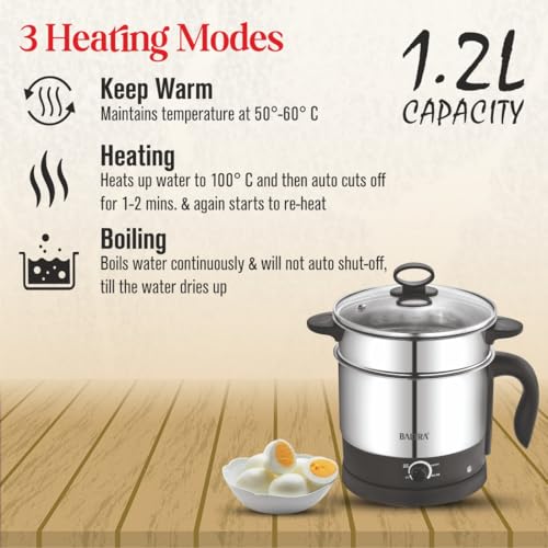 Image of BALTRA Multi-Kettle 1.2L Instacook | Adjustable Power Modes 600 W | 7 - Egg Tray, Idli Maker and Steamer | Stainless Steel | Automatic Overheat Protection | Multipurpose Kettle, 2 Year Warranty