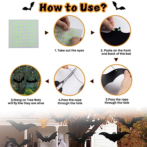 Hanging Bats Halloween Decorations Outdoor - 16 Pack Glowing Eyes Large Flying Bats 5 Different Size, Waterproof Plastic Realistic Black Bats Hanging in Tree Outside Halloween Decoration for Porch4