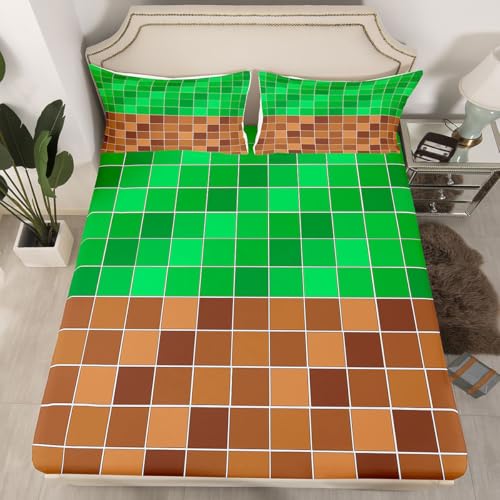 Image of Erosebridal Gaming Plaid Bed Sheets King Geometric Checkered Gamer Sheet Set Checkerboard Games Bedding Set for Kids Boys Girls,Brown Green Grids Fitted Flat Sheets 4 Piece