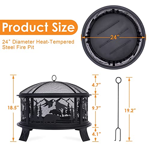 Fire Pit, 24" Round Metal Fire Bowl for Camping Backyard Patio Bonfire Outdoor Wood Burning with Spark Screen – Image 6
