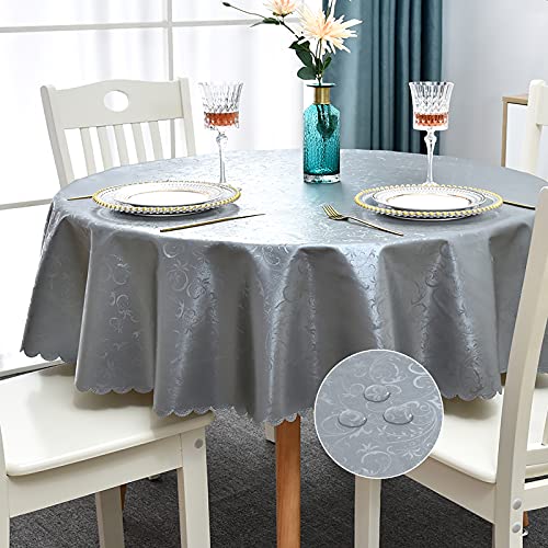 Image of Romanstile Waterproof Vinyl Tablecloth Round, 60 x 60 Inch, Flower Grey
