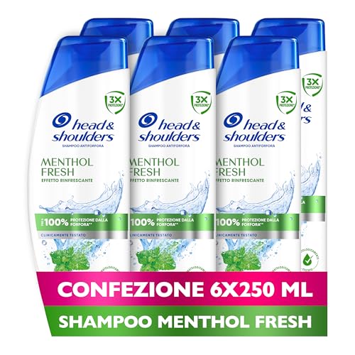 Head & Shoulders Menthol Fresh Shampoo Antiforfora 250ml Formato Convenienza X6, Uso Quotidiano. Fino al 100% Protezione dalla Forfora. Clinicamente Testato. Tutti i Tipi di Cute e Capelli