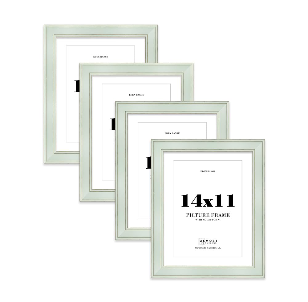 14x11" Sage Green Picture Frame with A4 Mount - Shabby Chic Photo Frame with Distressed Finish, Gold Trim, Wall Hooks and Kickstand, 37mm Edge - 4 Pack