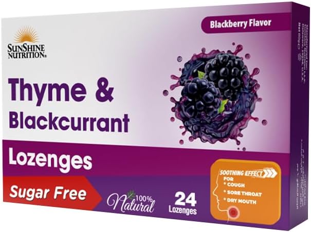 Thyme & Blackcurrant Sugar Free Lozenges | To Suppress Cough | Sooth Minor Sore Throat Irritation | Antioxidant & Immune System | 100% Natural | Blackberry Flavor | 24 Lozenges