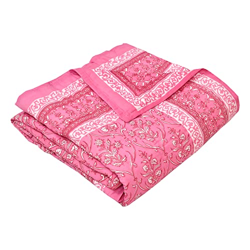 Image of BLOCKS OF INDIA Cotton Single Size Quilt Hand Block Print for Light Winters (60X90 Inches) (Pink Reversible, 300 Tc)