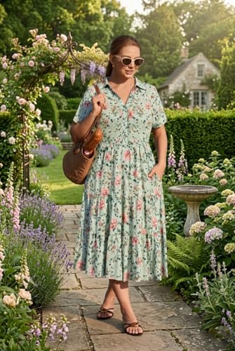 Image of CARCOS Plus Size Dresses for Curvy Women Collared Vneck Short Sleeve Dresses Midi Summer Ruffle Dress with Pocket XL-5XL