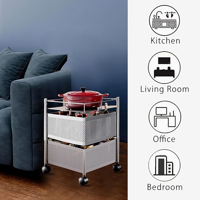 Image of KITCHIVO Kitchen Storage Rack | Revolving Vegetable Rack | Square Multipurpose Storage Trolley with Wheels | Metal Fruit Rack (Silver, 2 Layer)