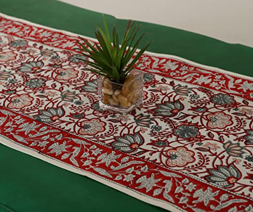 Image of Ravaiyaa - Attitude is Everything Hand Block Printed Cotton Table Runner | Floral Printed Table Runner for Home Decor, Kitchen | 60 x 16 Inch-(Grey Red Floral)