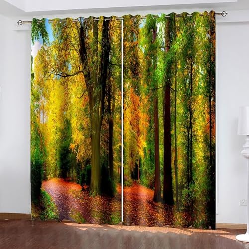 Cortinas de 160 cm de largo, juego de 2 paneles, cortinas para ventanas, paisaje de bosque otoñal, cortinas opacas de poliéster verde y amarillo, 2 piezas, 42 pulgadas de ancho x 63 pulgadas de largo