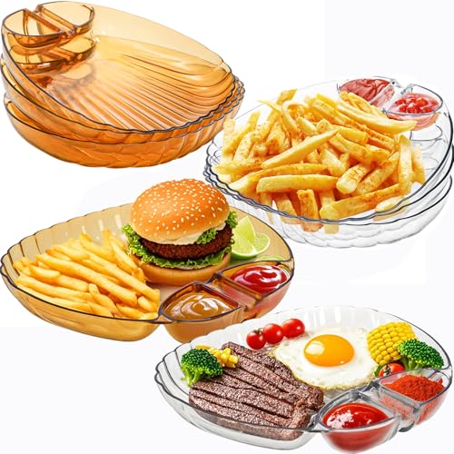 WUWEOT 6 Pack Chip and Dip Serving Platter Set, 9.2" x 8.1" x 1.3" Snack Appetizer Plates, Large Plastic Divided Dumpling Plate with Sauce Compartment for Sushi Taco Salsa Snack Appetizer Party