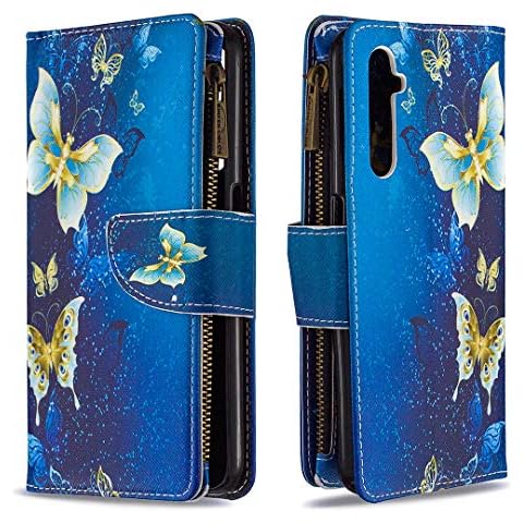 Realme 6 Case,Zipper Wallet Case for Oppo Realme 6,Premium PU Leather Flip Cover with 9 Card Slots Shockproof Kickstand Magnetic Closure Blue butterflies Zipper Pocket Case for Oppo Realme 6 Cover