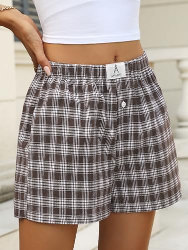 Image of ANRABESS Boxer Shorts for Women Gingham Pajama 2026 Summer Casual Lounge Sleep Plaid Shorts Y2K Beach Bottoms