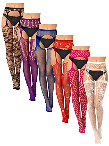 Skylety 6 Pairs Women Suspender Pantyhose Stockings Tights Stretchy High Stockings for Dress up Favors (Black, Purple, Royal Blue, Red, Rosy, White,Medium - Large)