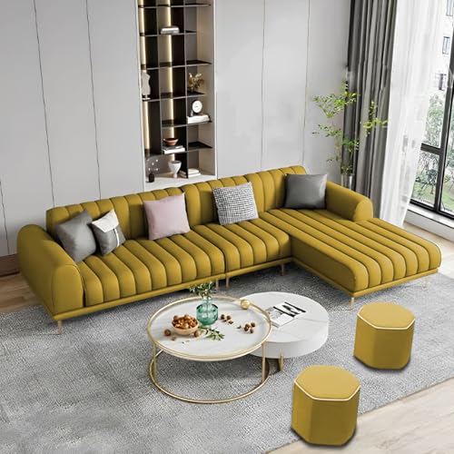 Image of Casaliving Herrick RHS 6 Seater L Shape Sofa Set with 2 Puffy for Living Room (Yellow) Premium Velvet Fabric Sofa