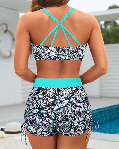 Image of Yonique 3 Piece Tankini Swimsuits for Women Swim Tank Top Bathing Suits with Boy Shorts and Bra Athletic Swimwear