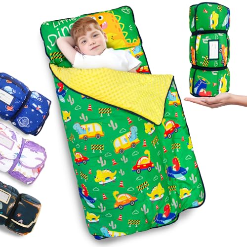 Image of Primlect Thickened Toddler Nap Mat with Removable Pillow and Minky Blanket, Extra Large 55''x35'' Sleeping Bag, Washable, Roll up, Perfect for Daycare, Preschool, Kindergarten, Boys and Girls Dinoaur