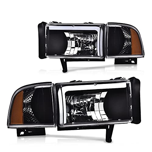 Image of GRAND ORANGE Led Drl Headlights Assembly, Compatible with Dodge Ram 1500 2500 3500 1994 1995 1996 1997 1998 1999 2000 2001 2002 Clear lens Black Housing Amber Reflector