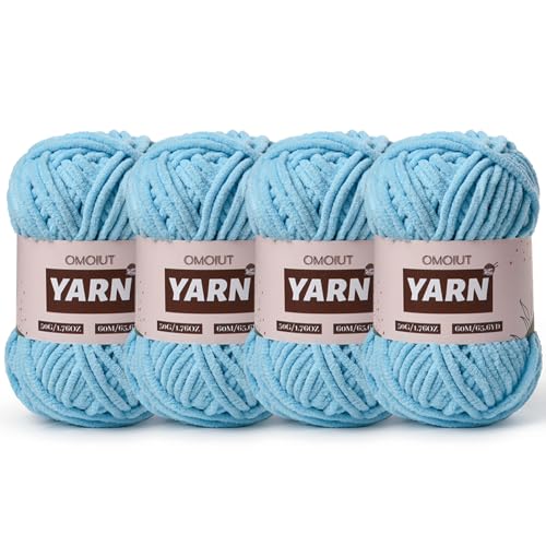 Image of 4 Packs Plush Chenille Chunky Crochet Yarn - Baby Yarn for Crocheting Soft - Velvet Yarns Knitting for Blankets Crafts - Fluffy Amigurumi Yarns 200g /262.5yds (4 Azure)