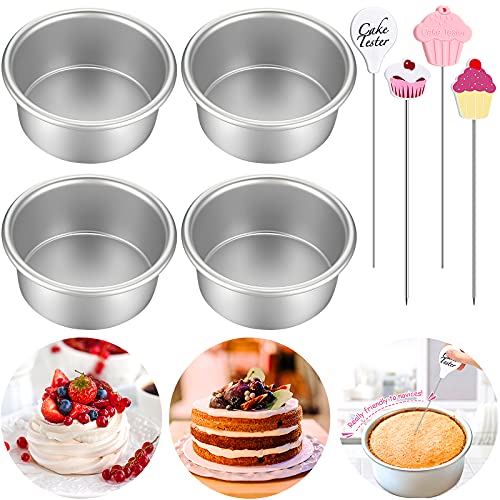 Cake Pan Mini Round Aluminum Cake Pans and Cake Tester Set, Small Non-stick Round Cheesecake Baking Pans for Personal Home Party Baking Supplies (4, 6 Inch)