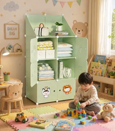 Image of Mevigo Foldable Plastic Wardrobe for Clothes - 6+2 Door Baby Cupboard for Clothes Storage, Wardrobe for Kids, Plastic Almirah, Collapsible Wardrobe for Kids Livingroom & Home -Green-B5