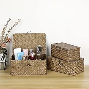 Hipiwe Shelf Baskets with Lid Set of 3 - Handwoven Wicker Basket Bins Box Lidded Home Storage Bins Seagrass Organizer Baskets Rectangular Closet Mounted Storage Boxes for Shelf Hipiwe Shelf Baskets with Lid Set of 3 Handwoven Wicker Basket Bins Box Lidded Home Storage Bins Seagrass Organizer Baskets Rectangular Closet Mounted Storage Boxes for Shelf