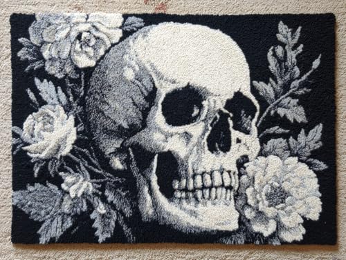 DIY Latch Hook Rug Kit Black and White Skull Head and Flowers Color-Stamped Carpet Tapestry 52x38cm Yarn Hooking Crochet Mat Home Floor Decor-1
