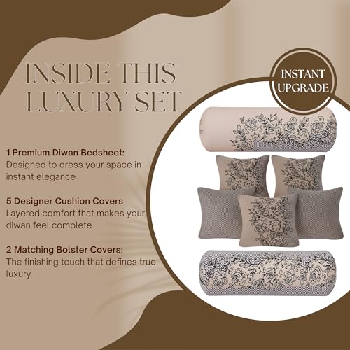 Image of Homes Vibrant Color and Printed Microfiber Diwan Set of 8 Pieces Combo with Cushions for Living Room, 1 Single Bedsheet, 5 Cushion Covers, 2 Bolsters Covers (Beige)