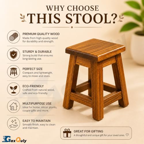 Image of Teakwood Mini Wooden Stool Plant Stand, Small 9.5cm Decorative Pedestal Risers, Handcrafted Teak Wood Candle & Accessory Display Holder for Tabletop Home Decor (Brown, 1pc)