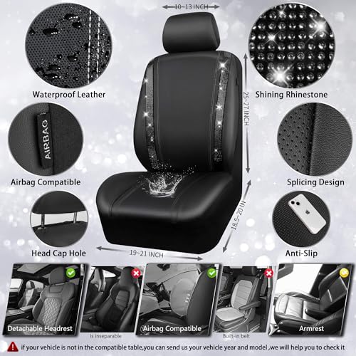 Image of CAR PASS Leather Bling Diamond Car Seat Covers Full Set, Shining Rhinestone Waterproof Durable Rear with Zipper, Universal Fit Automotive Glitter Crystal Sparkle Strip for Cute Women Girly Black