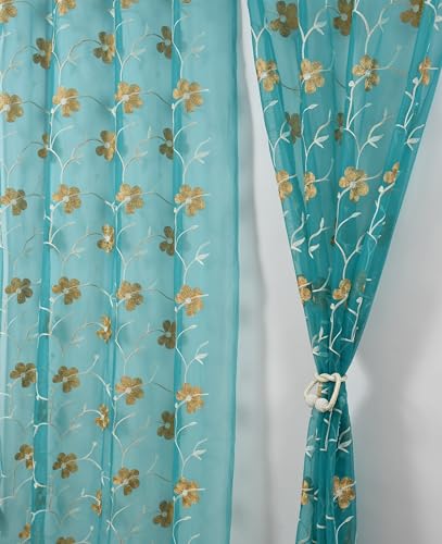 Image of Homefab India Embroidery Floral Net Transparent Sheer Curtain - 7X4 Feet, Door Curtains, Aqua, Pack of 2 Pcs