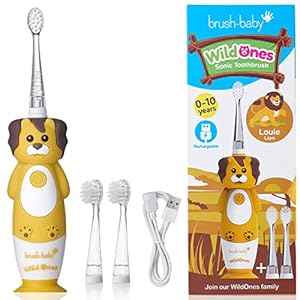 Brush-Baby WildOnes Elektrische oplaadbare tandenborstel voor kinderen LION, 1 handvat, 3 opzetborstels, USB-oplaadkabel, voor leeftijden 0-10 (Lion)