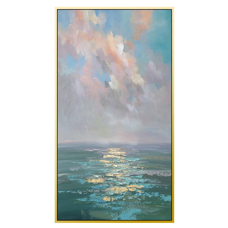 LCDIUDIU Modern Large Oil Paintings Unframed On Canvas Hand Painted Abstract Colorful Clouds Green Sea Gold Foil Scenery Wall Art for Living Room Bedroom Office Home Decor 150X300Cm(60X120Inch)