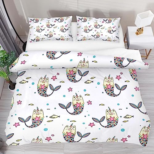 DragonBtu Juego de funda de edredón de gato y sirena, juego de ropa de cama suave de 3 piezas...