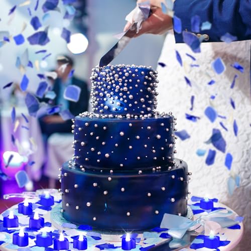 Image of Honoson 1000 Pieces Artificial White Blue Rose Petals with 24 Pcs Flameless Heart Shaped LED Tealights Candles Special Romantic Night Decorations for Proposal Wedding Anniversary Table Decor