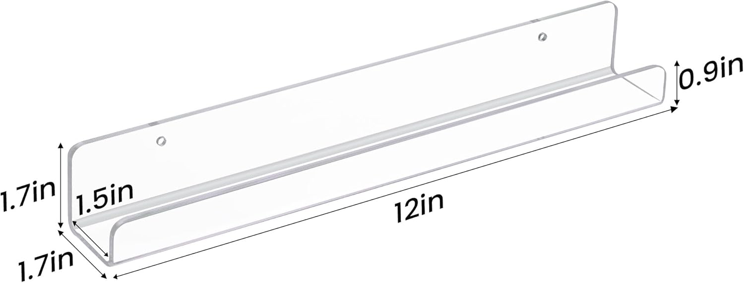 upsimples 10 Pack Clear Acrylic Shelves, 1.7" x12" Clear Wall Shelves for Nail Polish, Vinyl Wall Mount, Record Holder, Magazine Rack, Comic Display, Picture Ledge Shelf Décor