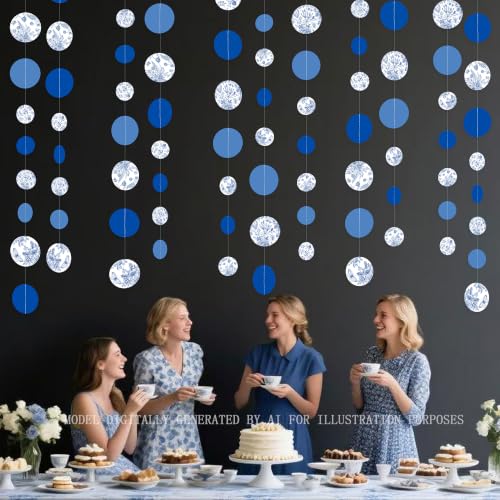 Image of Blue White Floral Party Decoration Dusty Blue Circle Dot with Floral Printed Polka Dots Garland Streamer for Chinoiserie Birthday Wedding Shower Engagement Bachelorette Party Decorations Supplies