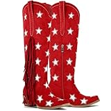 Yolkomo Women's Knee High Cowboy Boots with Fringe Tassels Rhinestone Stars Red Suede Western Cowgirl Boots for Riding Concerts Fashion Party Dressy Mid Calf Square Toe Chunky Block Heel Size 9