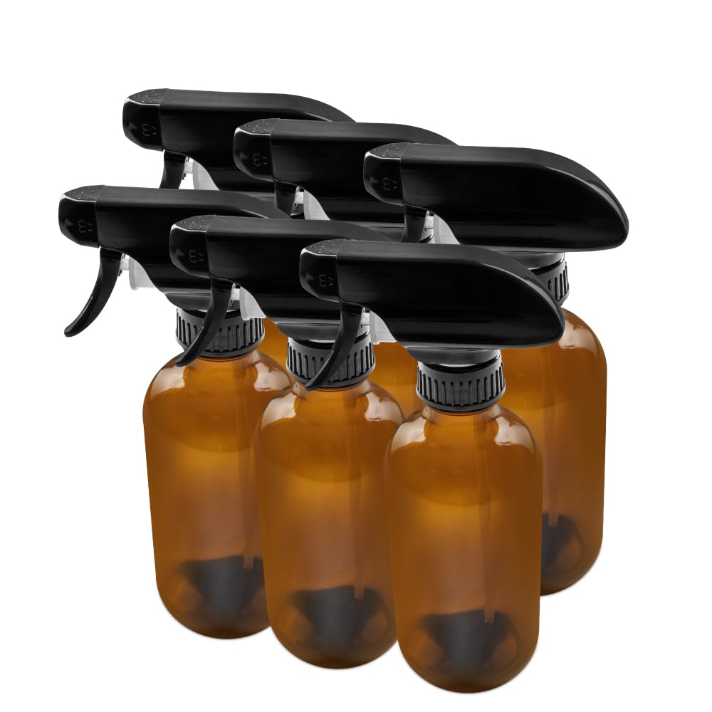The Bottle Depot - 6 Pack - 8 oz Glass Spray Bottles with Black Trigger Sprayers - Clear Amber - 28-400 Neck Finish - Boston Round Bottles - UV Rays Protection