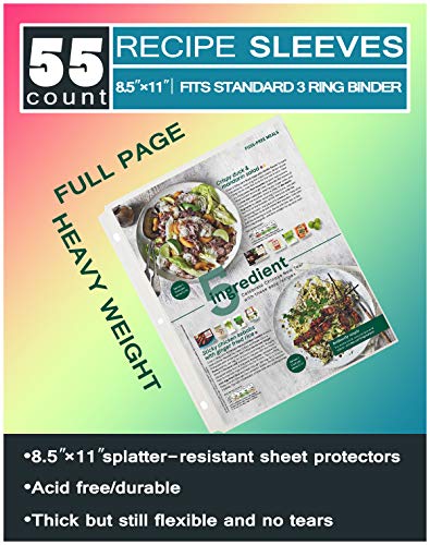 Recipe Organizer Binder 8.5x11 Refill Pages, 55-count Sheet Protectors Full Page with 56 Blank Labels for Cookbook Binders 3 Ring, Top load, Side Hole Extended to Help Make Your Own Family Recipe Book