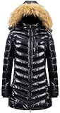 CREATMO US Women's Winter Snow Jacket Long Sherpa-Lined Windproof Shiny Puffer Coat With Removable Faux Fur Trim Shine Black 2XL