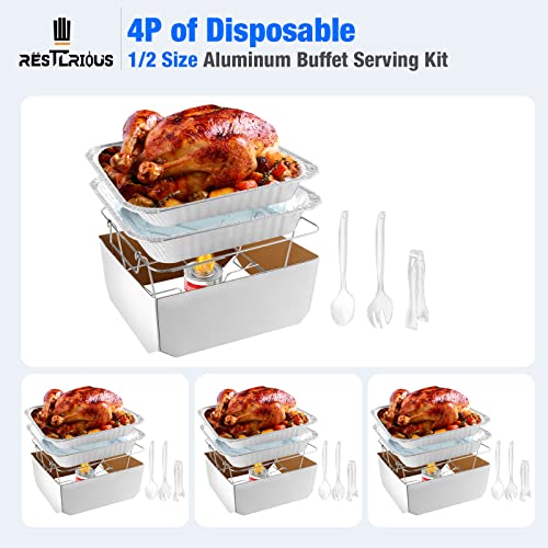Restlrious Chafing Dish Buffet Set Disposable Half Size Aluminum Buffet Serving Kit, 4 Pack Of Chafer Stand Kit For Food Warmer In 32 Pieces W/Fuel Tanks, Pans & Utensils, For Parties Events Bbq #TOP1