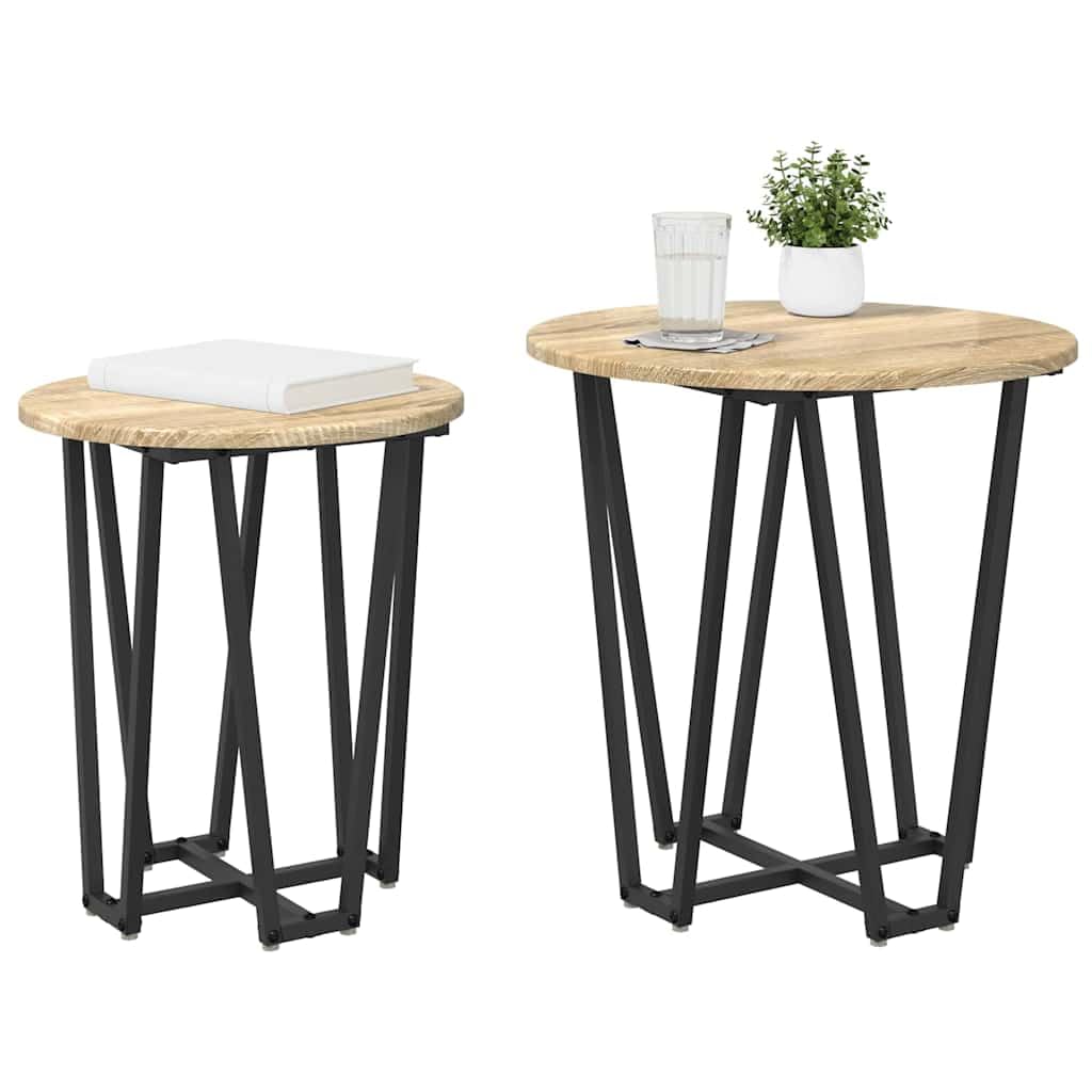 Juego de mesa auxiliar de 2 piezas de roble Sonoma y negro, mesas de centro redondas con marco de metal, prácticos estantes para sofá, salón, oficina, rincón de lectura, decoración y bebidas
