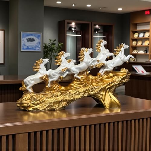 Image of 7 Running Horses Statue for Home Decor, White & Gold Resin Vastu Feng Shui Showpiece, Symbol of Prosperity, Decorative Gift for Living Room, Office, Housewarming, 17.5 Inch