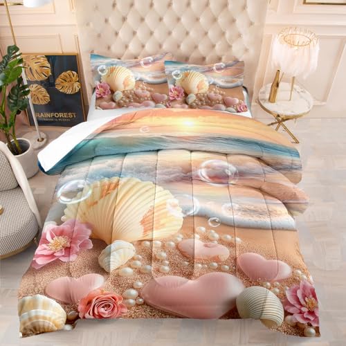 Suncloris Sunset Seashell Beach Comforter Set for Kids and Adults