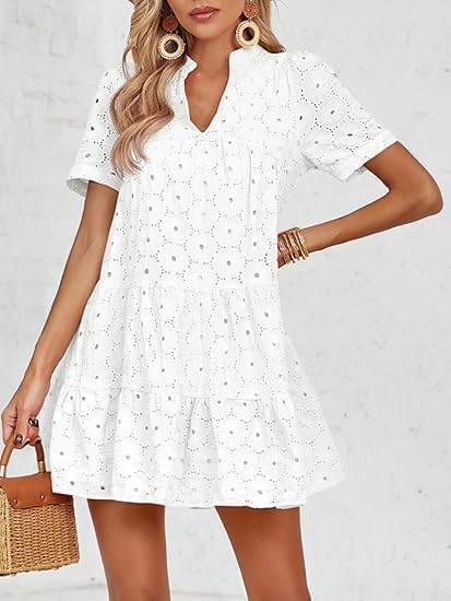 Imily Bela Womens Summer Lace Dresses Eyelet Casual Flowy Babydoll Swing Short Sleeve V Neck Tunic Dress - Image 5