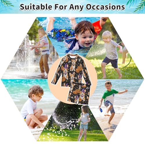 Corgi Dog Halloween Pumkin Boys Swimsuit Rash Guard Toddler Kids Long Sleeve Swim Shirt and Trunks Swimwear Set 3-10Y4
